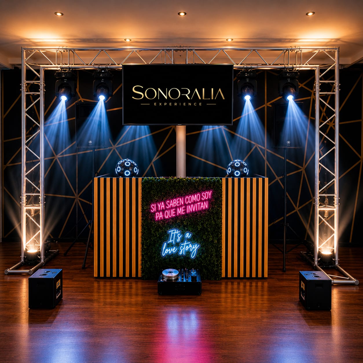 Cabina Sonoralia Experience iluminada durante un evento